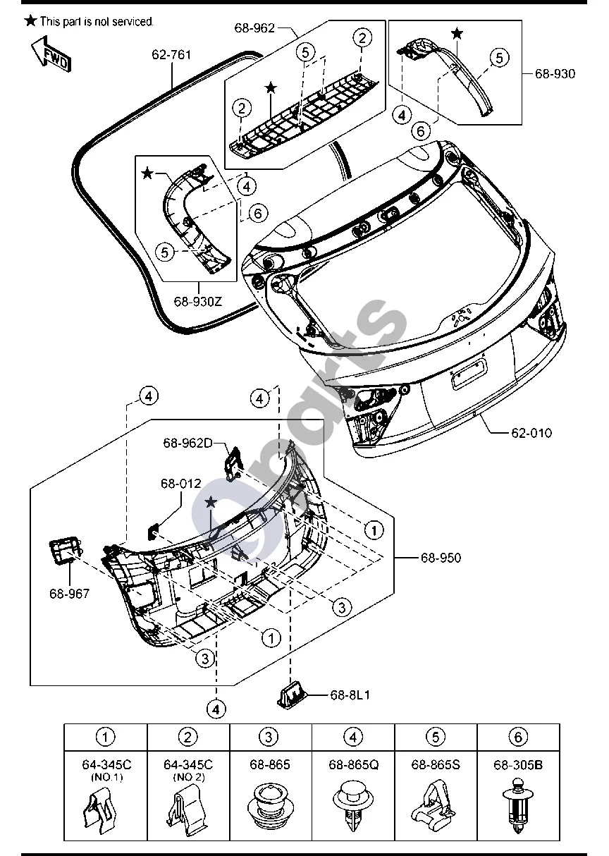 Mazda 3 (2019–) BAGAŽINĖS DURYS (5 DURŲ) schema – pozicija 68305B: Dirželis, kabinimo