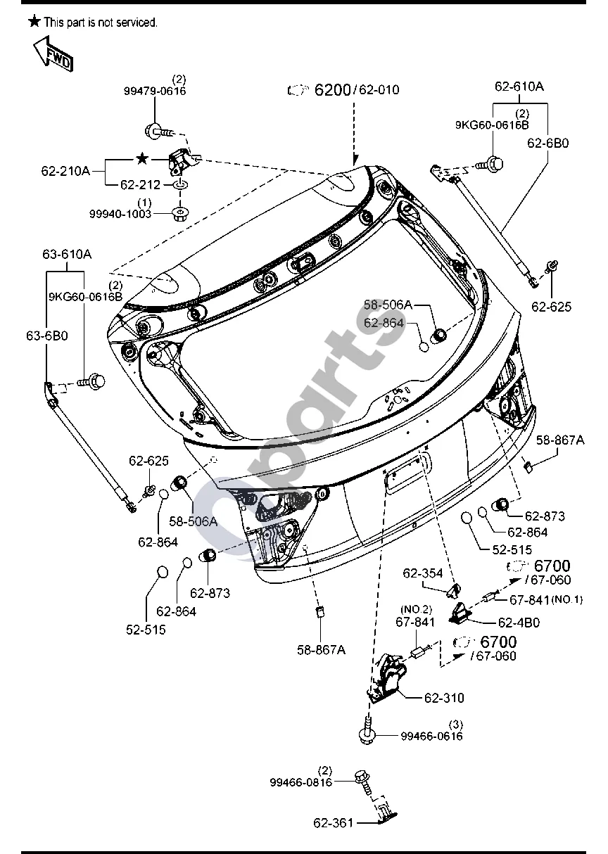 Mazda 3 (2019–) BAGAŽINĖS DURŲ MECHANIZMAI (5 DURŲ) schema – Atidarymo jungiklis