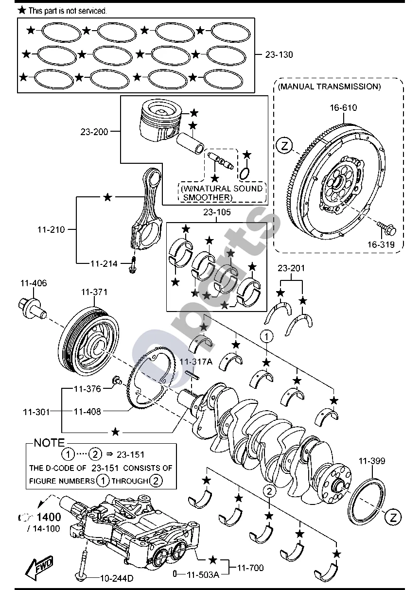 Mazda 3 (2019–) Stūmoklis, alkūninis velenas ir smagratis (dyzelinas, 2200CC) schema – pozicija 23130: Stūmoklio žiedų komplektas