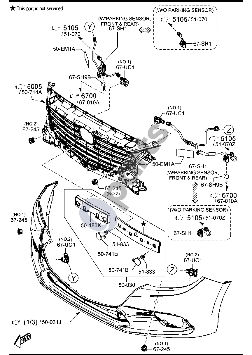 Mazda 3 (2019–) Priekinis bamperis schema – pozicija 67245: Laikiklis