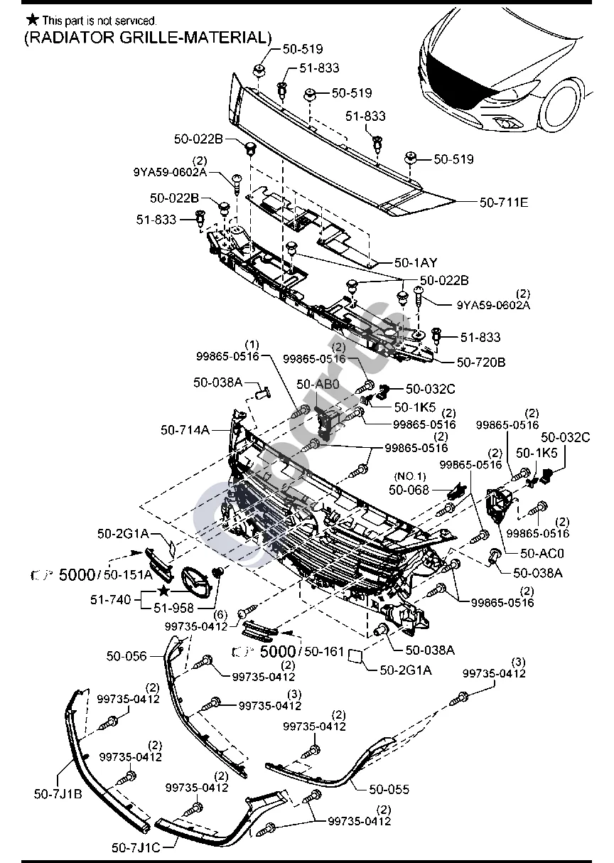 Mazda 3 (2019–) Radiatoriaus grotelės (radiatoriaus grotelių medžiaga) schema – pozicija 51833: Apsaugos nuo purslų kniedė
