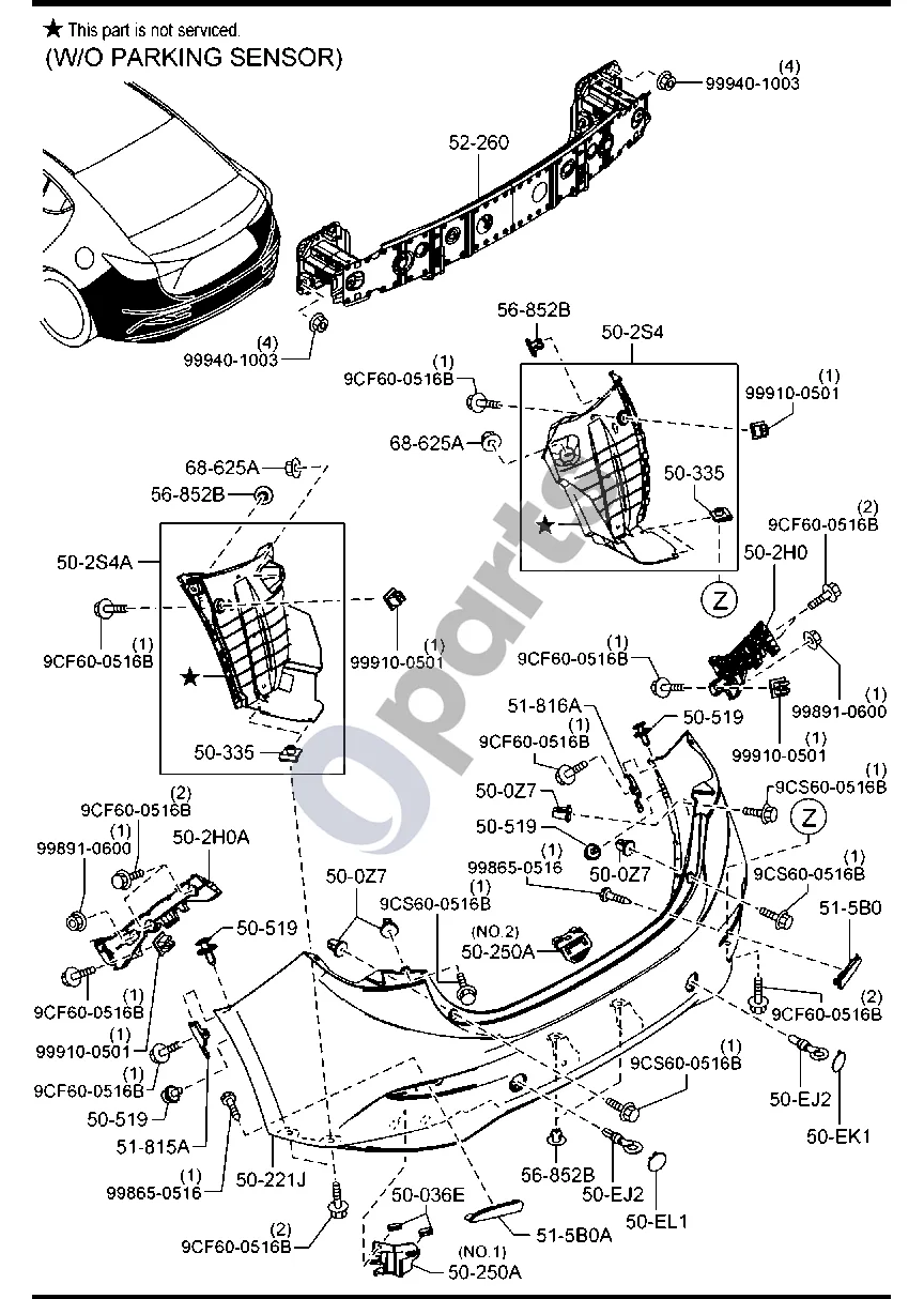 Mazda 3 (2019–) Galinis bamperis (4 durų, be parkavimo jutiklių) schema – pozicija 56852B: Tvirtinimo detalė