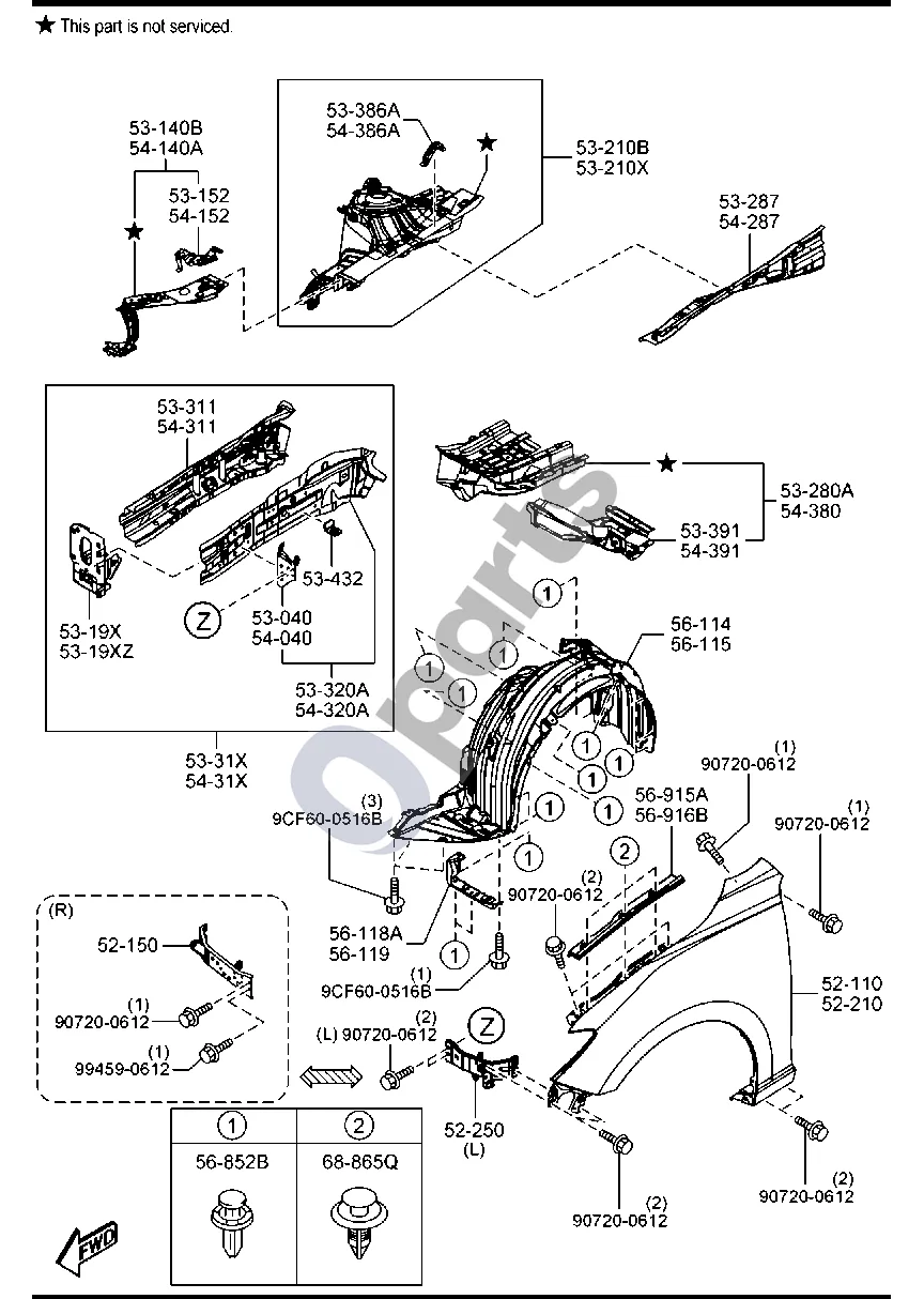 Mazda 3 (2019–) Sparnų ir ratų arkų skydai schema – pozicija 52150: Atrama (dešinė), sparno