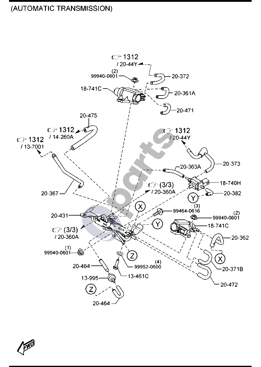 Mazda 3 (2019–) Vakuuminis siurblys (dyzelinas, 2200CC, automatinė pavarų dėžė) schema – pozicija 18741C: Vožtuvas, solenoidinis