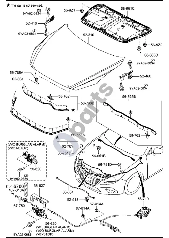 Mazda 3 variklio dangtis – schema