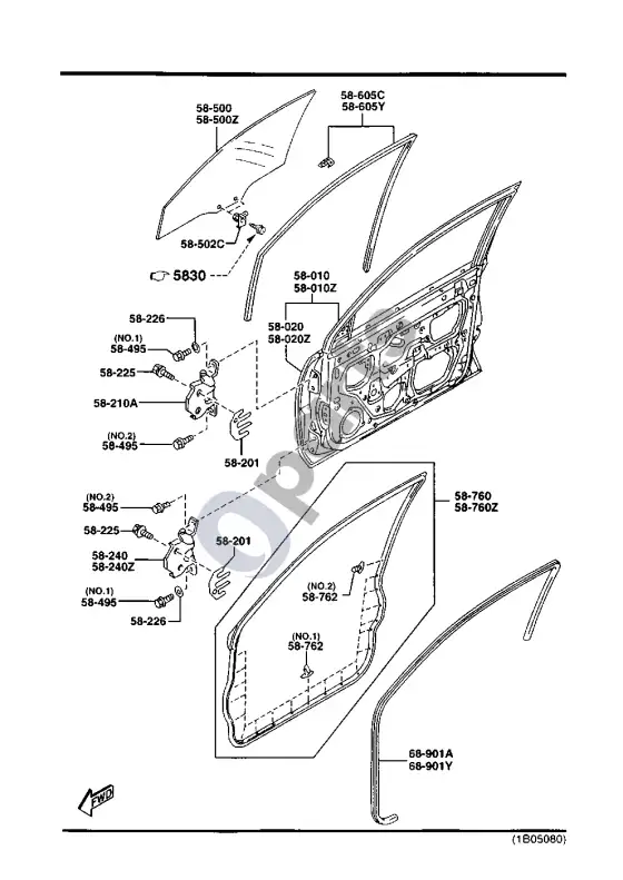 Mazda 323 priekinės durys – schema