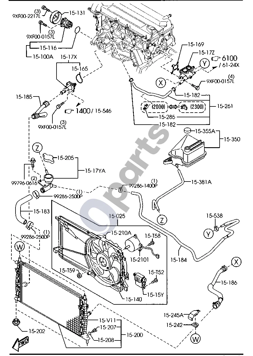 Mazda 5 (2005–2010) Aušinimo sistema (benzininis) schema – pozicija 15200: Radiatorius