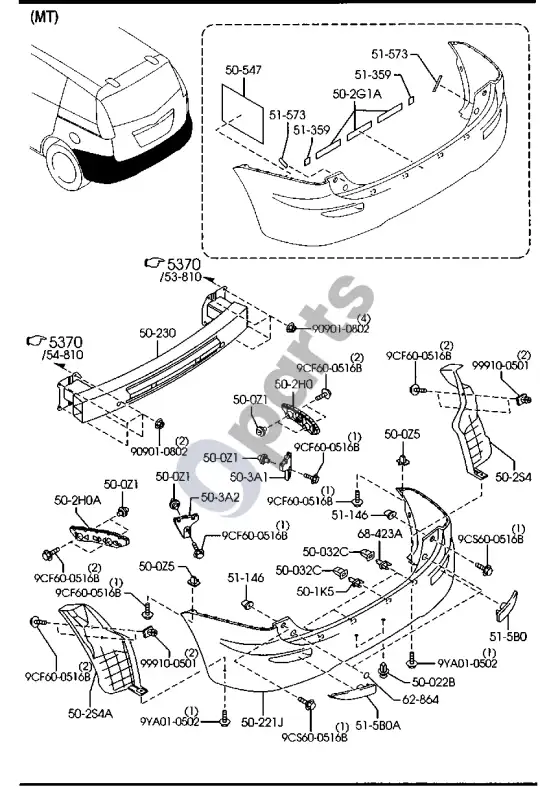 Mazda 5 galinis bamperis – schema