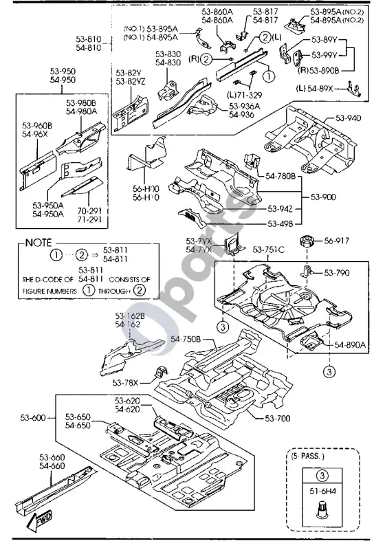 Mazda 5 grindų skydai – schema