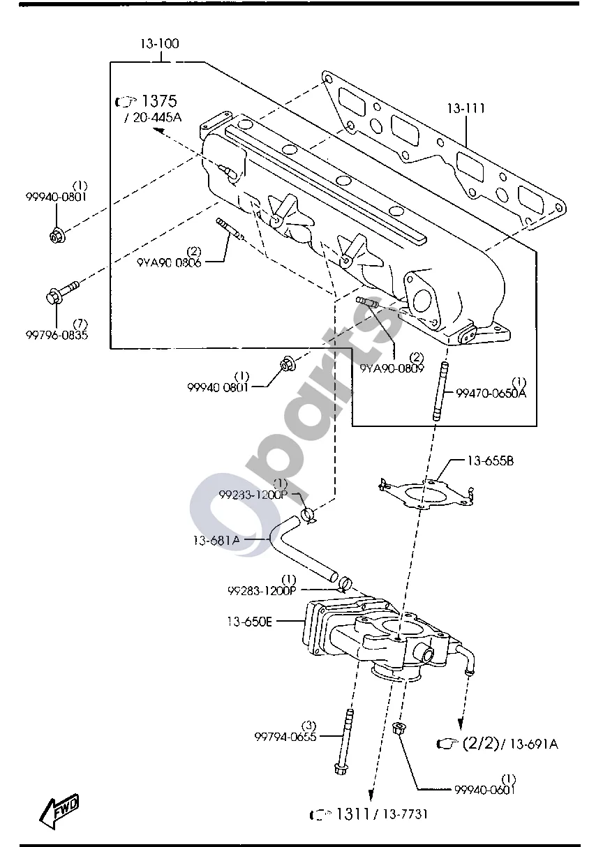Mazda 5 (2005–2010) Įsiurbimo kolektorius (dyzelinis) schema – pozicija 13650E: Korpusas, droselis