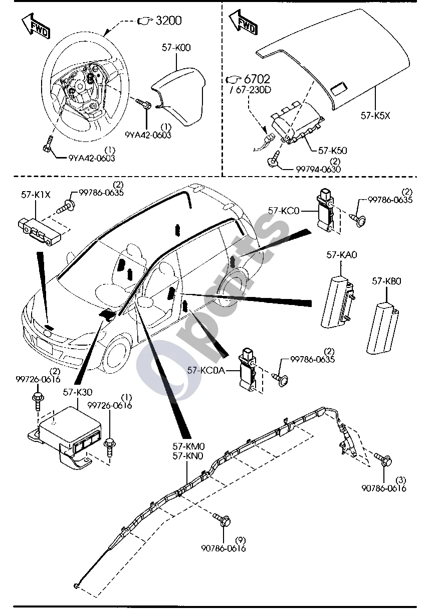 Mazda 5 (2005–2010) Oro pagalvė schema – Šoninio oro pagalvės smūgio jutiklis, dešinysis