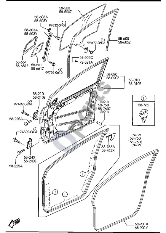 Mazda 5 priekinės durys – schema