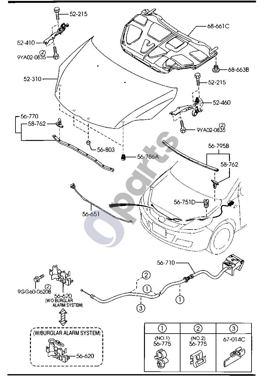 Mazda 5 (2005–2010) Variklio dangtis schema – pozicija 68661C: Variklio dangčio izoliatorius