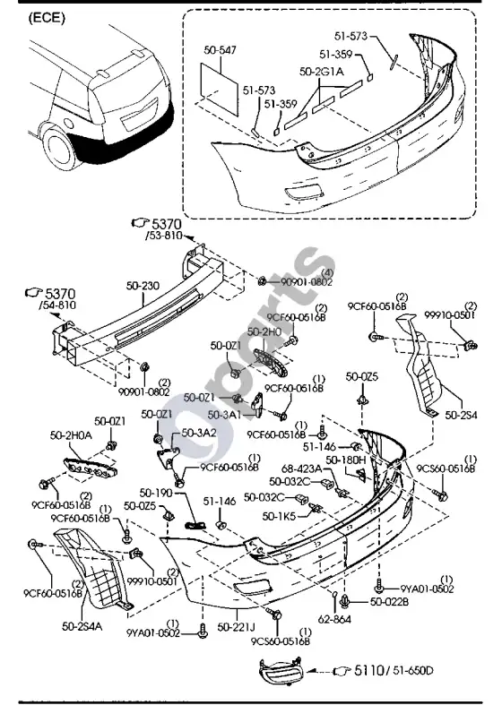Mazda 5 galinis bamperis – schema