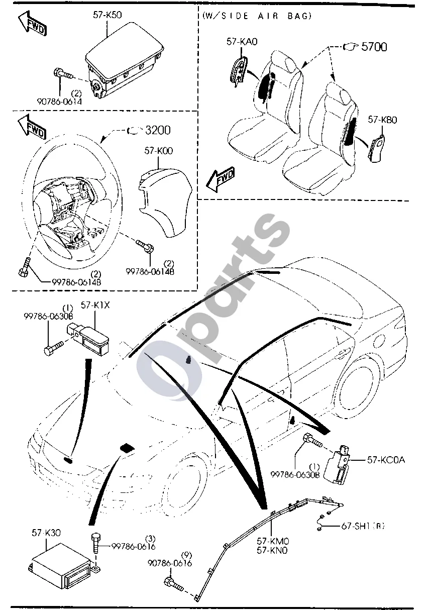 Mazda 6 (2002–2008) Oro pagalvė schema – Blokas, vairo kampo jutiklio (SAS)