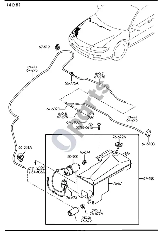 Mazda 6 priekinio stiklo apiplovimo sistema – schema