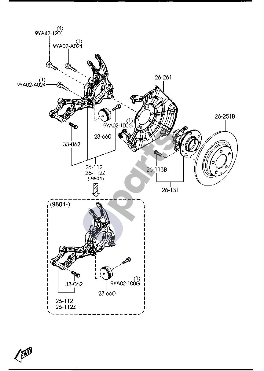 Mazda 6 (2008–2013) Galinė ašis schema – pozicija 26261: Apsauginis dulkių gaubtas