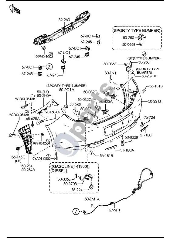 Mazda 6 galinis bamperis – schema