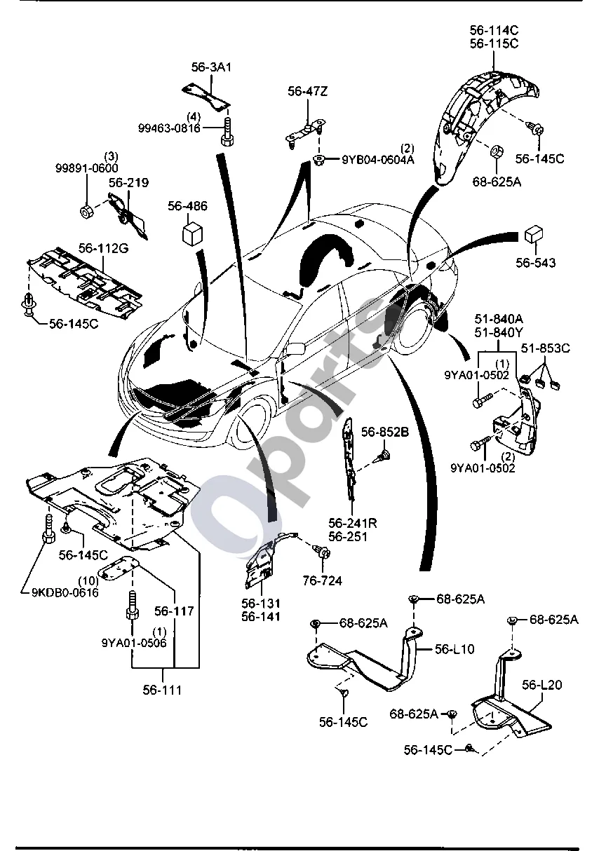 Mazda 6 (2008–2013) Grindų tvirtinimo detalės schema – pozicija 56111: Apatinis dangtelis