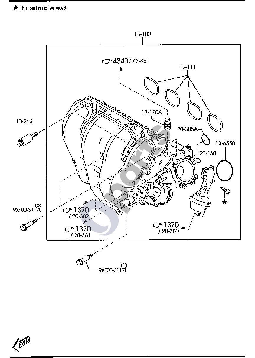 Mazda 6 (2008–2013) Įsiurbimo kolektorius (benzininis, 2500 cm³) schema – pozicija 13111: Įsiurbimo kolektoriaus tarpiklis
