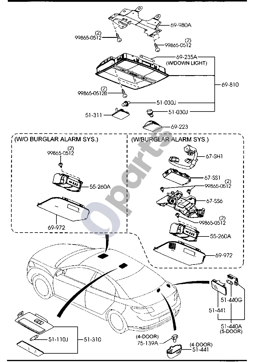Mazda 6 (2008–2013) SALONO APŠVIETIMAS (BE LIUKO) schema – pozicija 55260A: Oro pagalvės išjungimo indikatorius