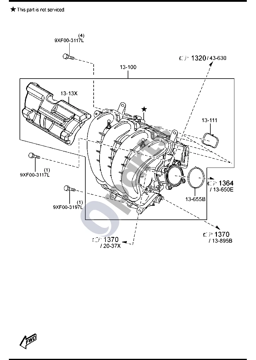 Mazda 6 (2018–) Įsiurbimo kolektorius (benzininis) schema – pozicija 13111: Įsiurbimo kolektoriaus tarpiklis