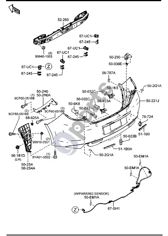 Mazda 6 galinis bamperis – schema