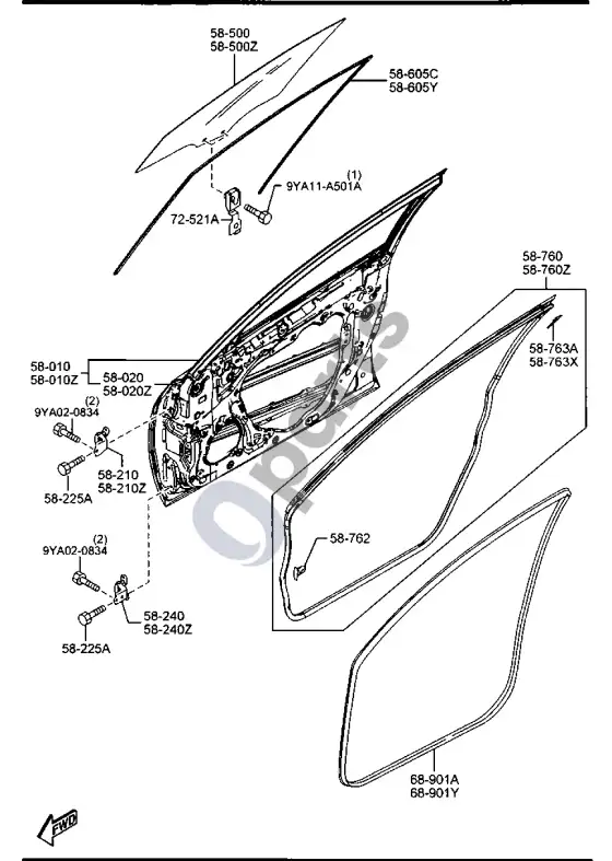 Mazda 6 priekinės durys – schema