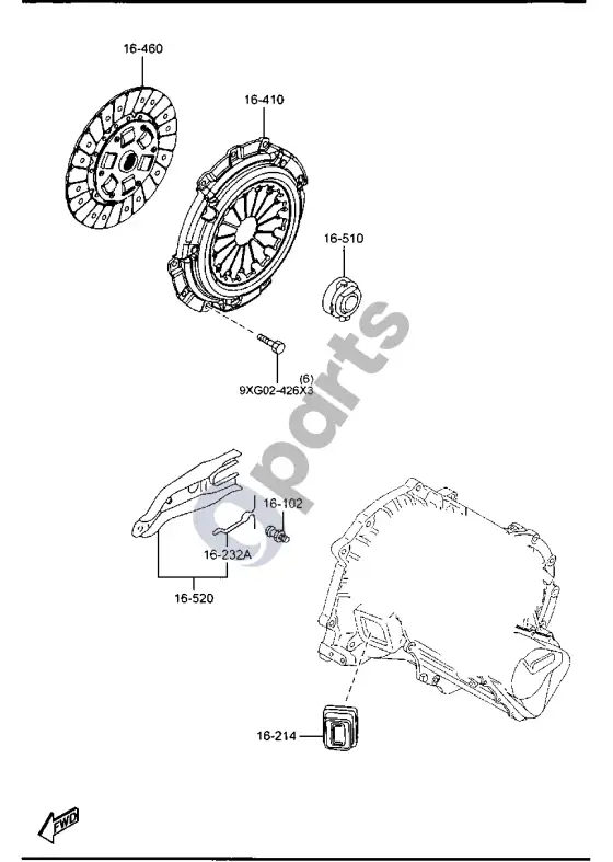 Mazda 6 sankabos diskas ir dangtis – schema