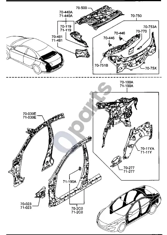 Mazda 6 šoninės plokštės – schema