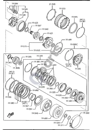 Mazda 626 (1998–2002) Automatinės pavarų dėžės sankabos ir planetarinės pavaros – schema