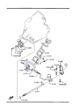 Mazda 626 (1998–2002) Automatinės pavarų dėžės rankinio perjungimo trauklių sistema – schema