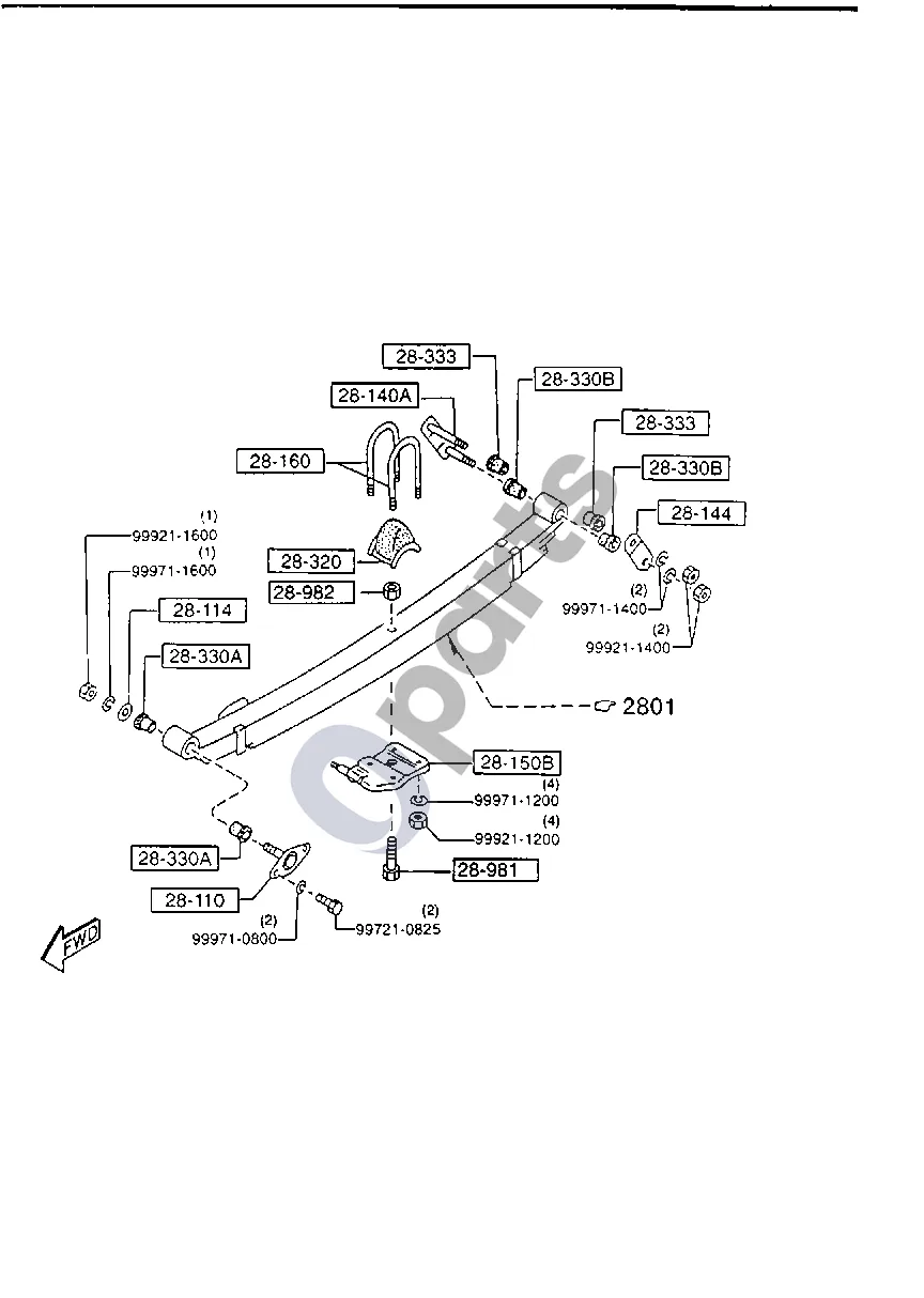 Mazda B1800 REAR SUSPENSION MECHANISMS (4X2) schema – pozicija 28320: Atraminis buferis (CAB. PLUS SHORT BED LONG BED)
