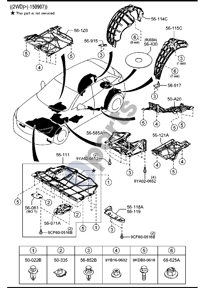 Mazda CX-3 (2015–) Grindų tvirtinimo elementai ((2WD)>(-150907)) schema – pozicija 56111: Apatinis dangtelis