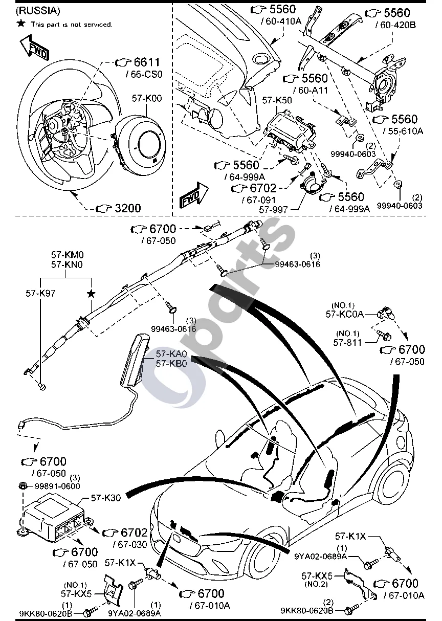 Mazda CX-3 (2015–) Oro pagalvė schema – Blokas, vairo kampo jutiklio (SAS)