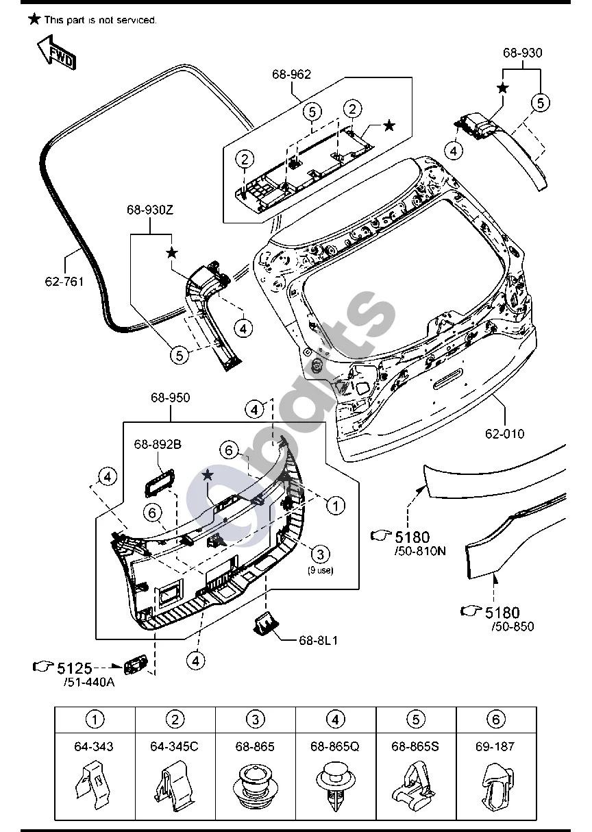 Mazda CX-5 II (2017–2025) Galinės bagažinės durys schema – pozicija 68962: Apdaila, galinių durų (bagažinės dangčio) viršutinė