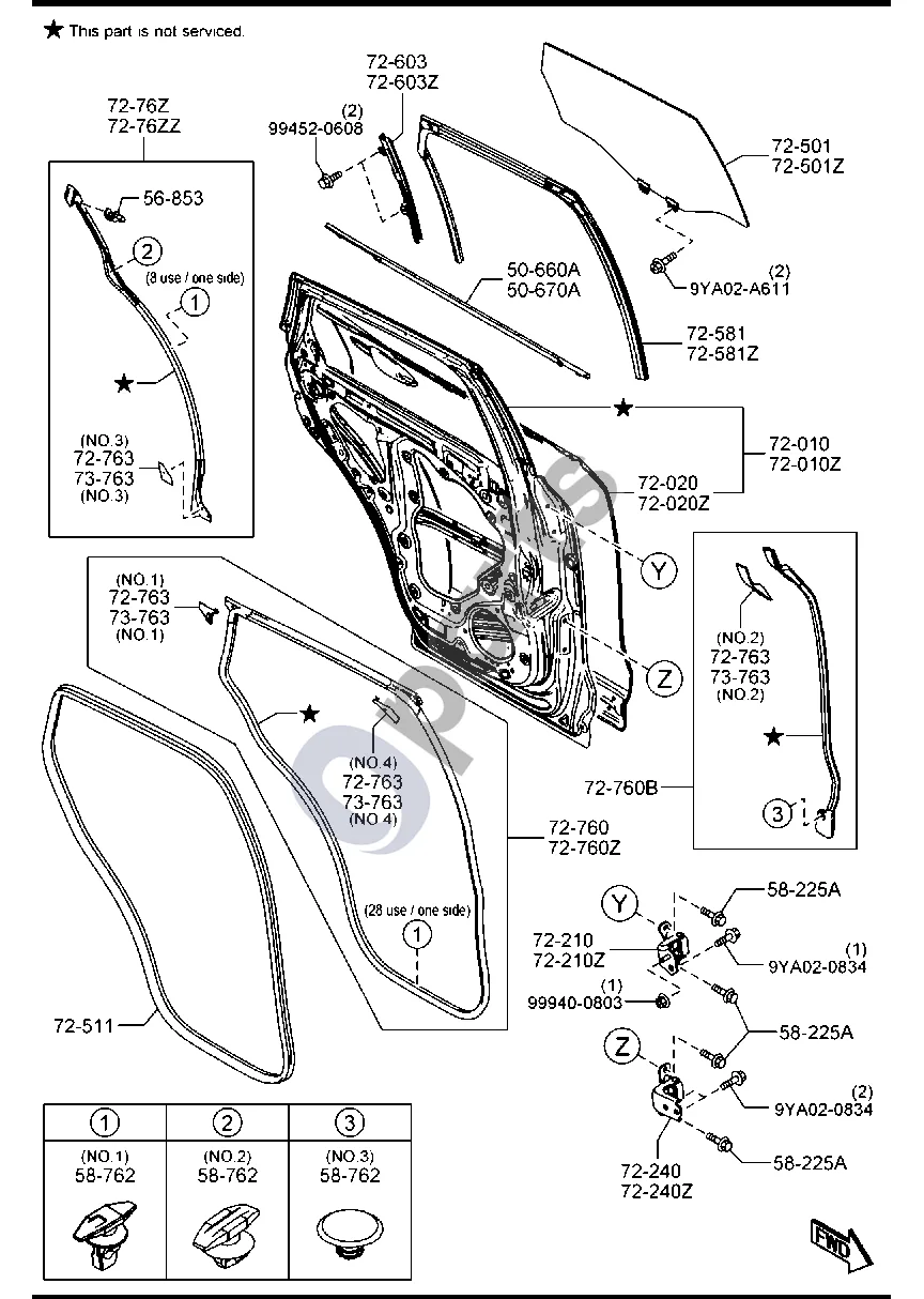 Mazda CX-5 II (2017–2025) Galinės durys schema – pozicija 72581: Stiklo kreipiamoji juostelė, dešinė