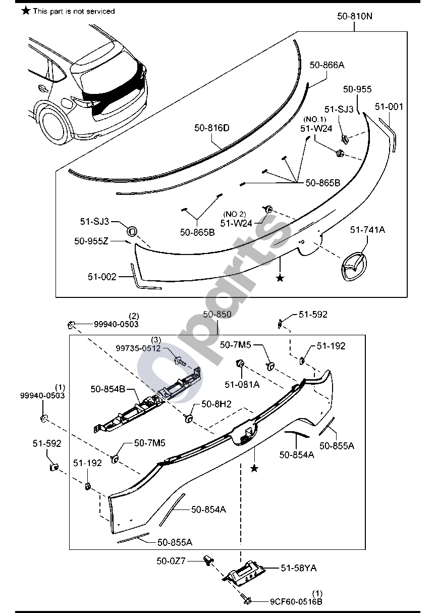 Mazda CX-5 II (2017–2025) Ištraukimo kamera schema – pozicija 50850: Galinė apdailos juosta