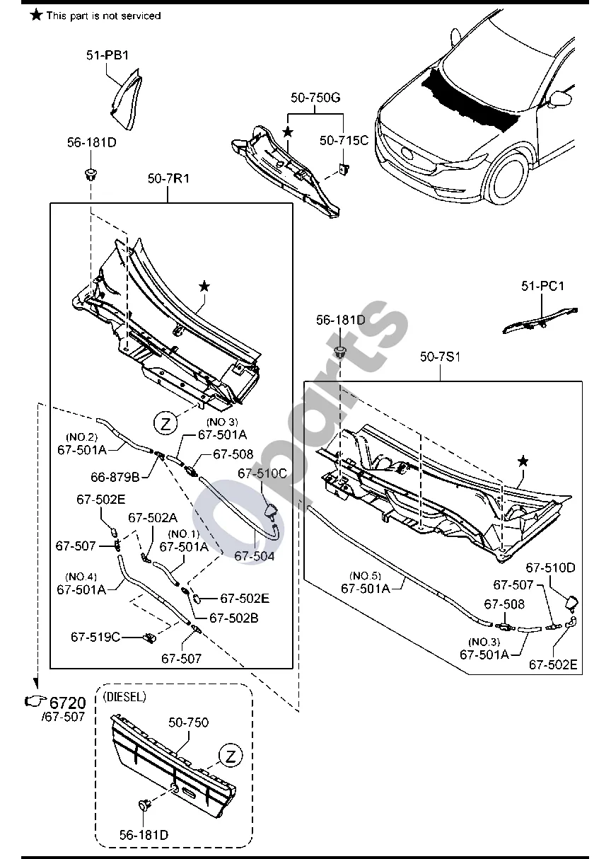 Mazda CX-5 II (2017–2025) Ištraukimo kamera schema – Apdailos juostelė (kairė), priekinio sparno