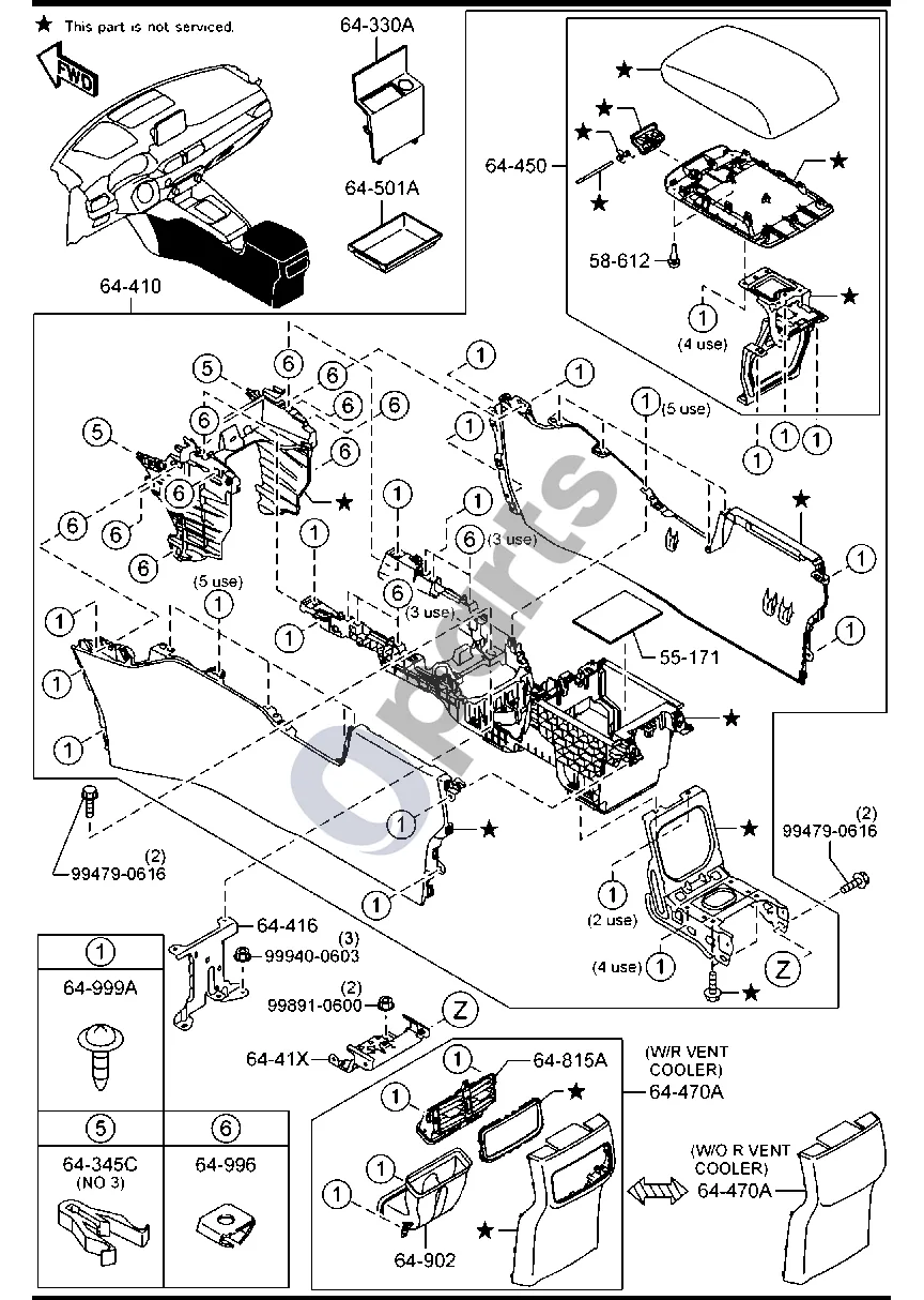 Mazda CX-5 II (2017–2025) Konsolė schema – pozicija 64902: Centrinis oro kanalas
