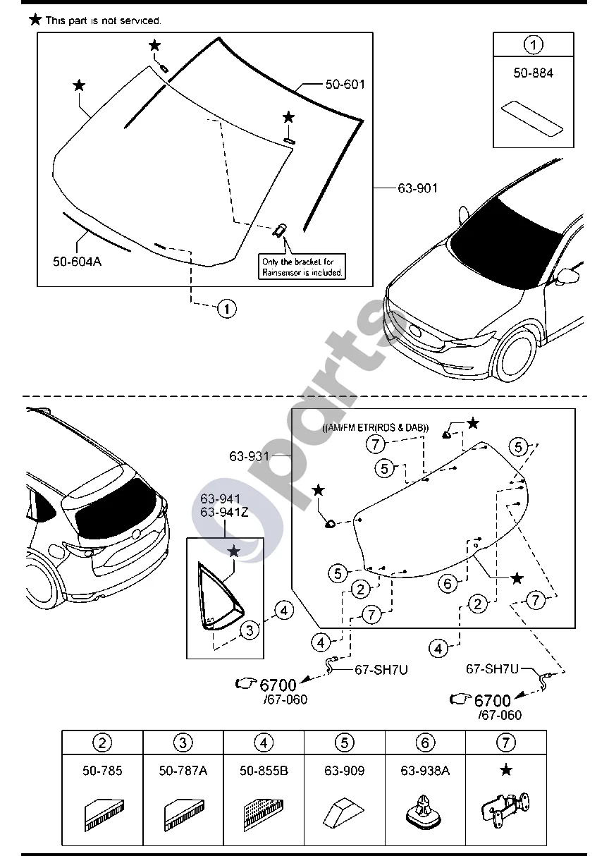 Mazda CX-5 II (2017–2025) Lango stiklai schema – pozicija 50601: Priekinio lango apdailos juostelė
