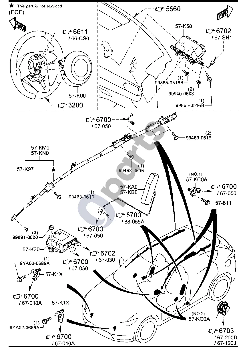 Mazda CX-5 II (2017–2025) Oro pagalvė (ECE) schema – Šoninės oro pagalvės smūgio jutiklis