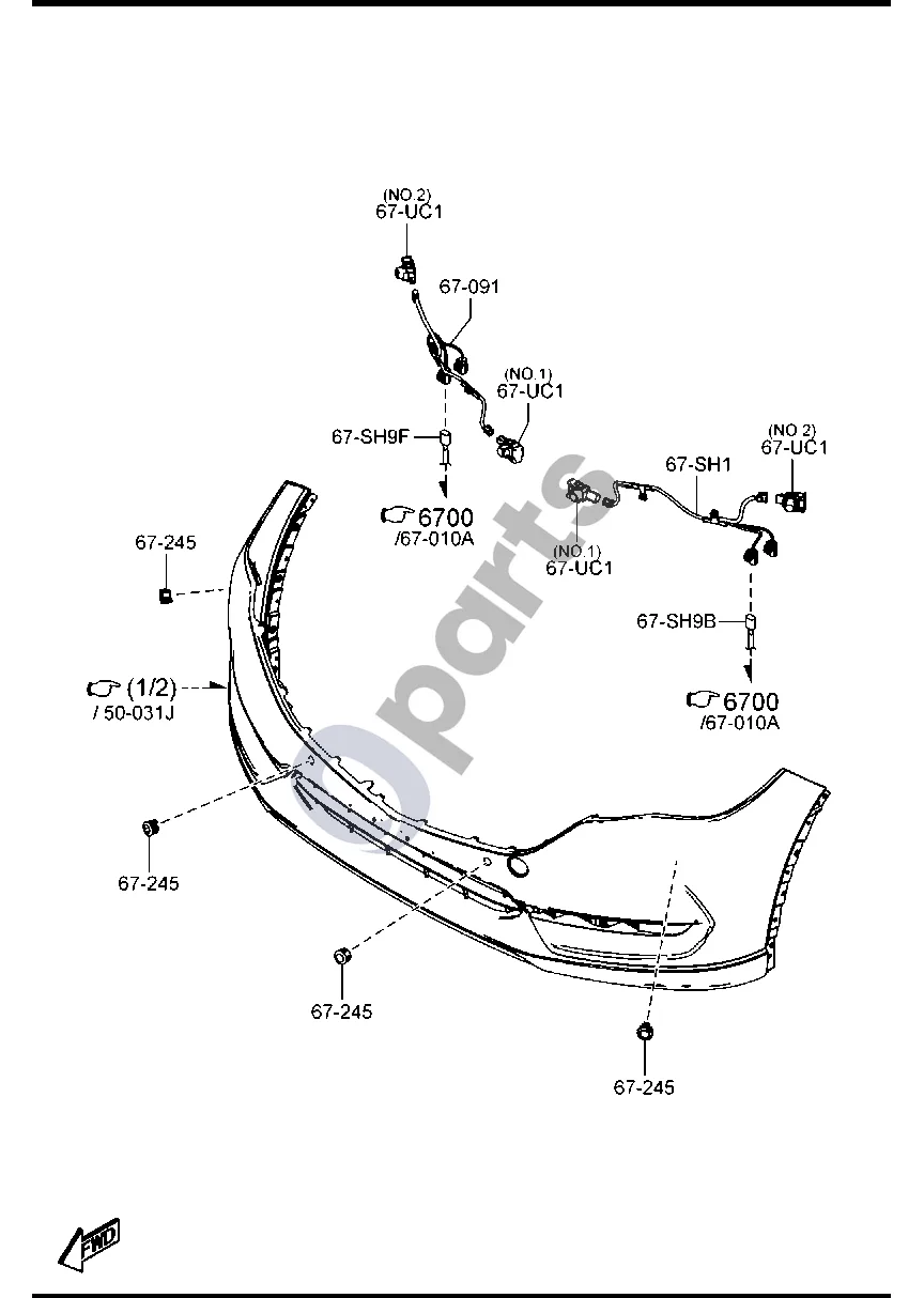 Mazda CX-5 II (2017–2025) Priekinis bamperis schema – pozicija 67091: Trumpas laidas