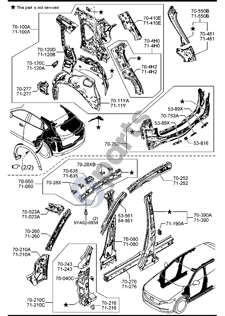 Mazda CX-5 II (2017–2025) Šoniniai skydai schema – Sustiprinimas (kairė), „D“ statramstis