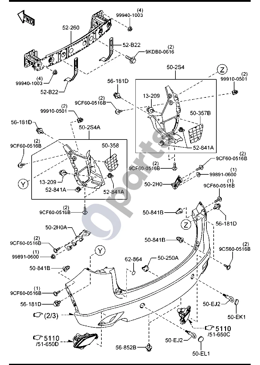 Mazda CX-5 (2012–2017) Galinis bamperis schema – Galinio bamperio laikiklis, dešinys