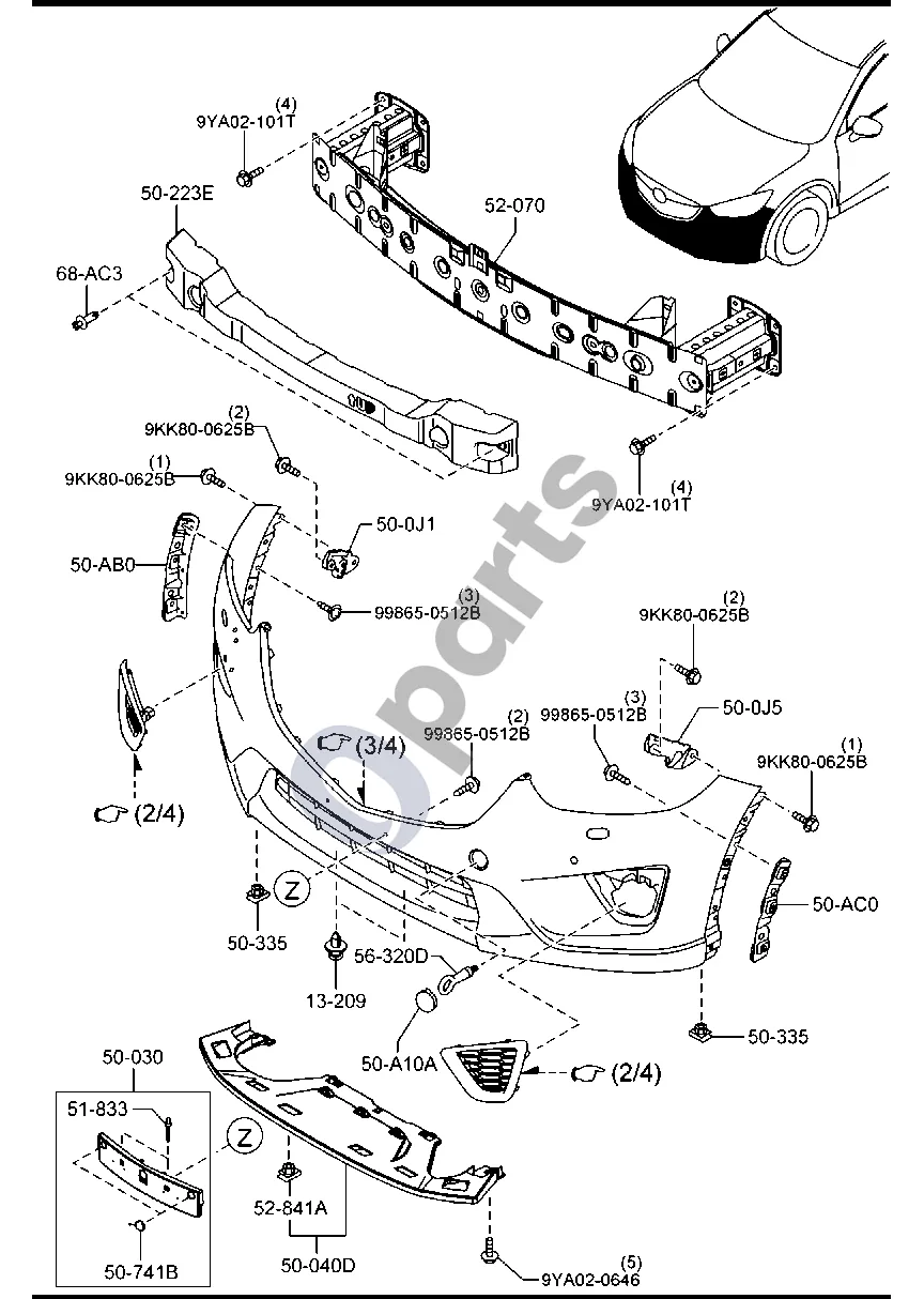 Mazda CX-5 (2012–2017) Priekinis bamperis schema – pozicija 50223E: Priekinio bamperio putplastis