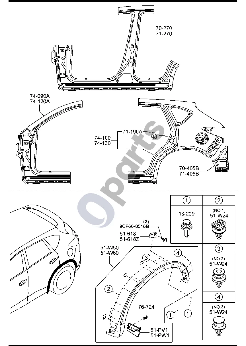 Mazda CX-5 (2012–2017) Šoniniai skydai schema – pozicija 70405B: Dešinys galinio sparno apatinis skydas