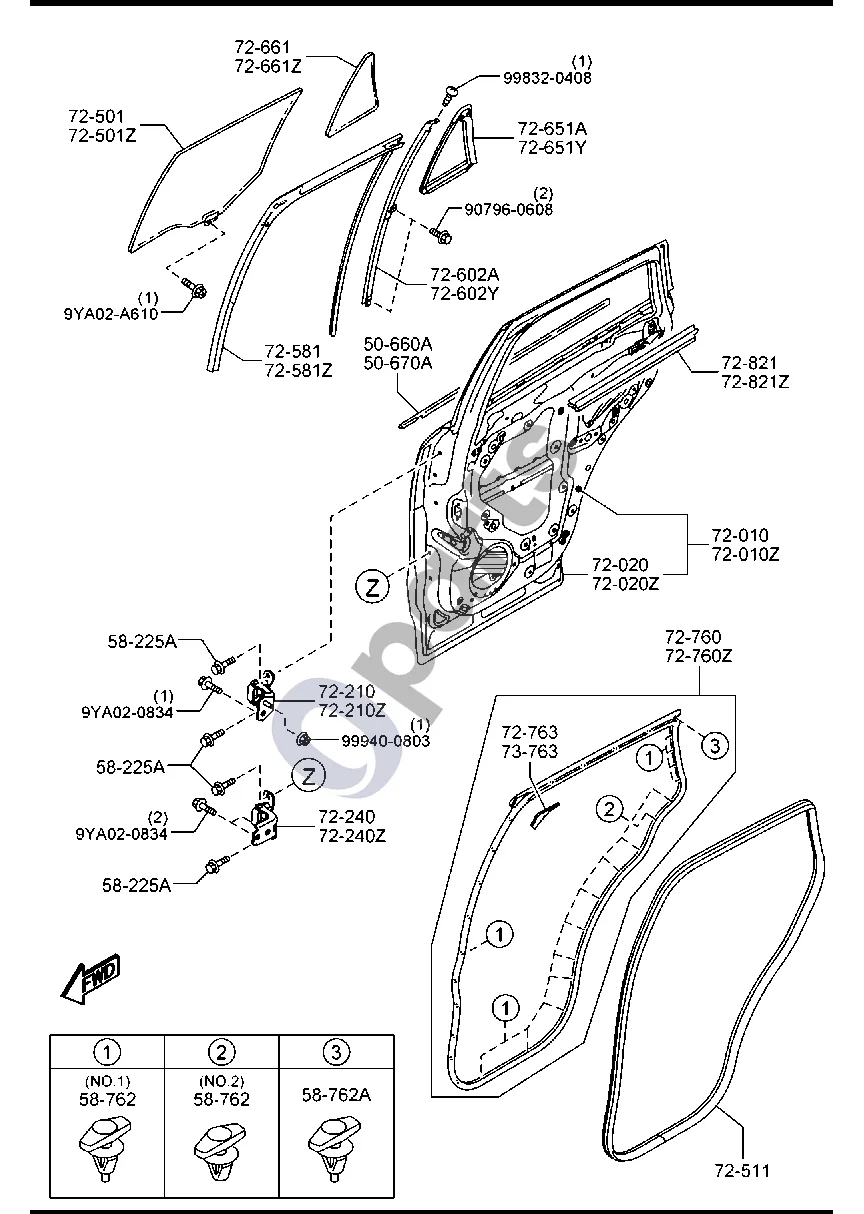 Mazda CX-5 (2012–2017) Galinės durys schema – pozicija 72602A: Dešinysis centrinis kanalas