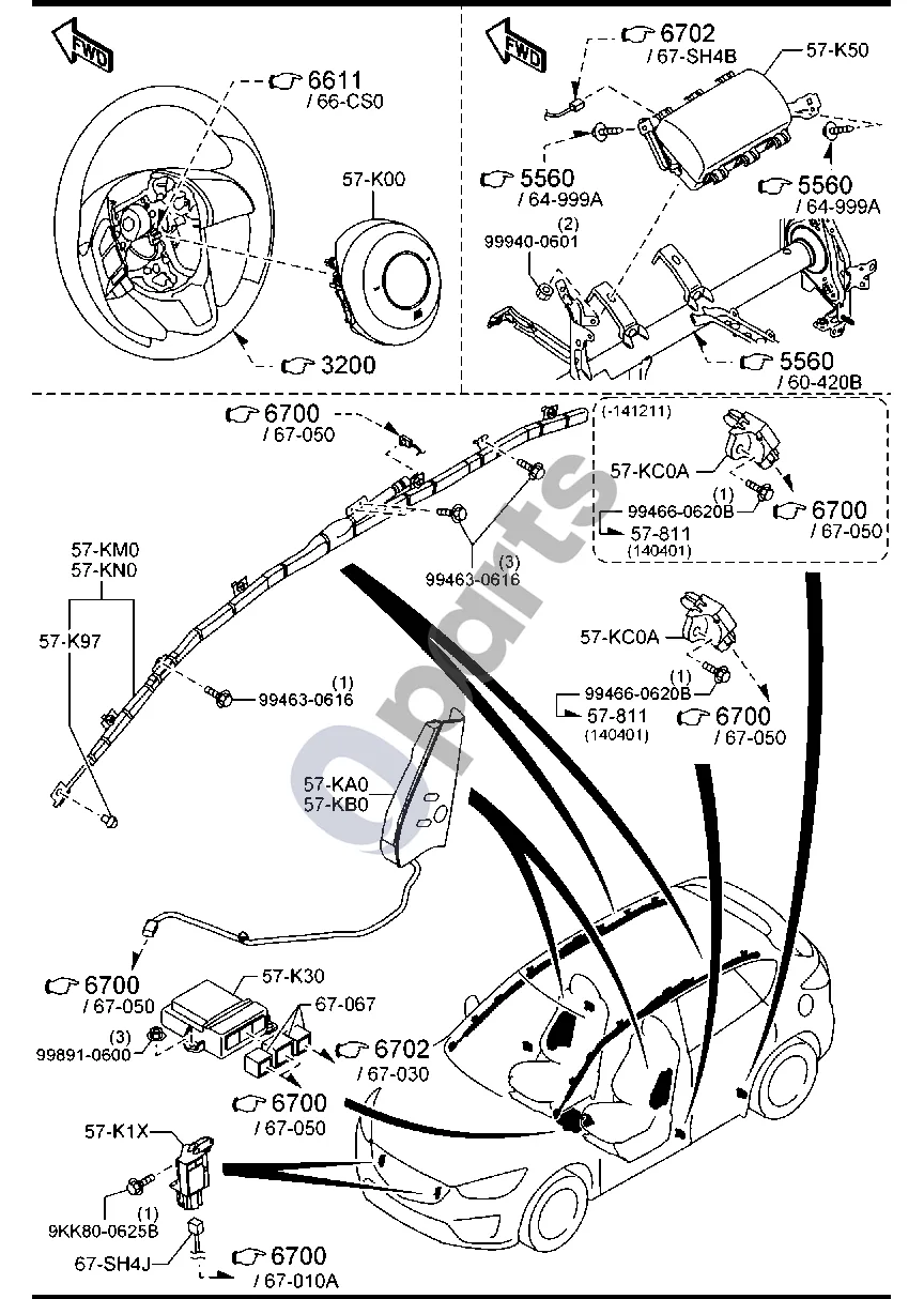 Mazda CX-5 (2012–2017) Oro pagalvė schema – Blokas, vairo kampo jutiklio (SAS, AN (KA1C-57-K30A) 141211 - 160729 KE*9**340936-523909 from 11.12.2014 to 29.07.2016)
