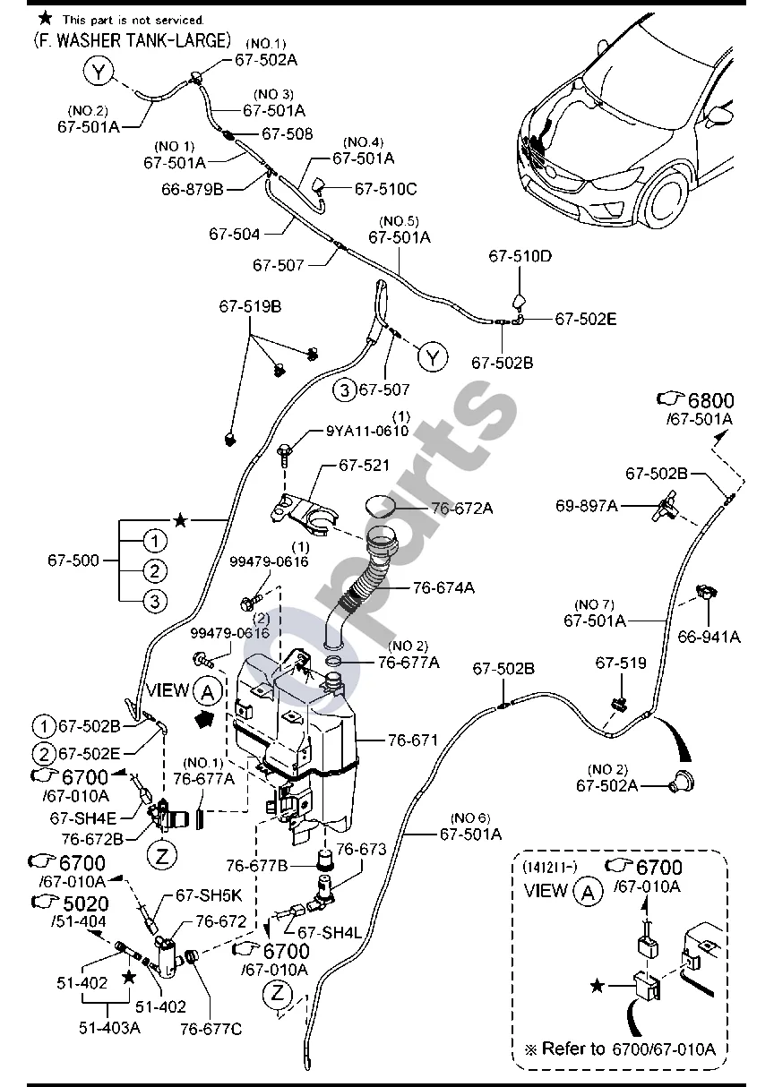 Mazda CX-5 (2012–2017) Priekinio stiklo apiplovimas (didelis priekinio apiplovimo bakelis) schema – pozicija 76672A: Dangtelis, bako